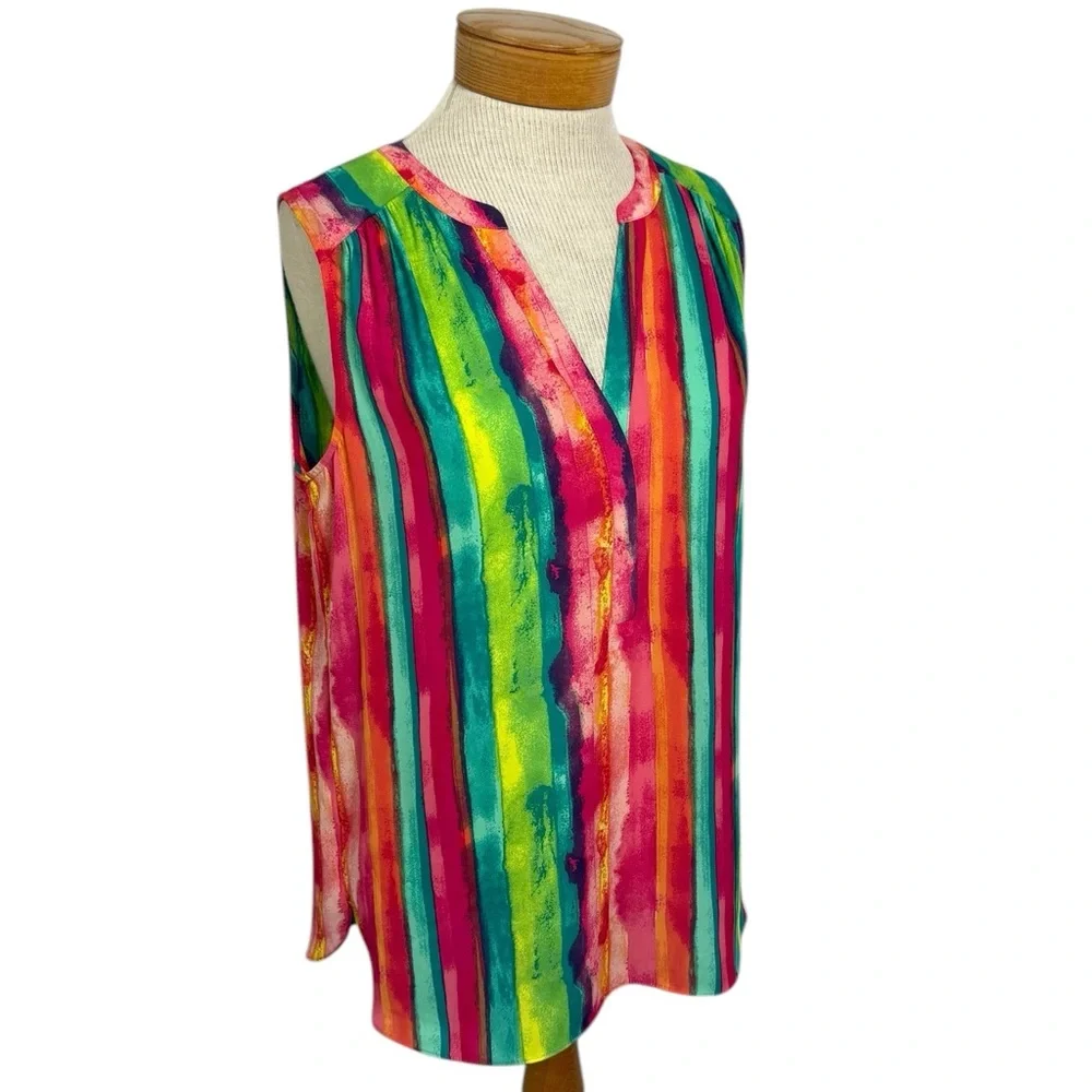 CURVES 360 by NYDJ Bright Pink Green Orange
Striped Sleeveless Blouse Sz Small_2